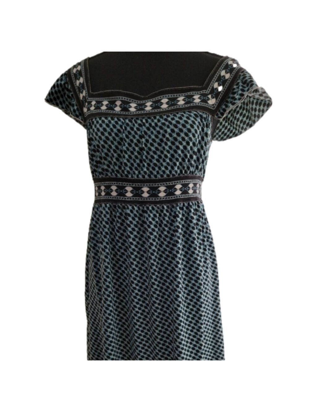 MAX Studio Blue/Green Floral Dress Square Neck Empire Waist Geometric Dress